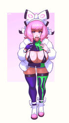 1girls :3 alternate_breast_size big_breasts bikini breasts cleavage clothed clothes coat eye_contact female female_focus female_only half-closed_eyes huge_breasts human human_only klara_(pokemon) looking_at_viewer nintendo open_mouth pink_hair pokemon pokemon_ss pokemon_ss_isle_of_armor pose purple_eyes rizdraws shoes short_hair smile solo source_request text thick_thighs thigh_gap thighhighs thighs tongue tongue_out watermark white_border wide_hips year_request