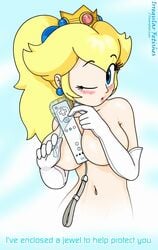 blonde_hair blush breasts crown irregular_fetishes mario_(series) naked nintendo object_between_breasts princess_peach sexually_suggestive white_gloves wii_remote wiimote