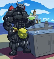 anthro beach big_bulge bobert bone bottle bulge clothing cloud cocktail_bar cocktail_glass cocktail_mixer cyberdramon day digimon digimon_(species) hi_res holding_object horn huge_bulge hyper hyper_bulge male male_only muscular nipples sea seaside skull sky small_wings smile underwear water wings