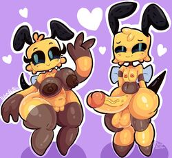 1boy 1girls antennae bee bee_(minecraft) blue_eyes breasts chubby couple female minecraft nitrobutter penis shy stinger waving wings