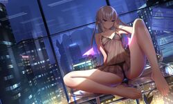 anus barefoot between_labia blush breasts building city demon demon_girl dobunezumi gray_hair innie_pussy long_hair navel nipples original panties pointed_ears purple_eyes pussy see-through see-through_clothing see-through_nightgown succubus tail underwear