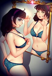 2girls ass bare_arms bare_legs bare_shoulders breasts brown_hair choker doppelganger duo female female_only gold_eyes looking_at_another magic_mirror mea mea_(tsuaii) mea_koenig medium_ass medium_breasts medium_hair mirror multiple_girls original original_character swimsuit tsuaii