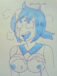 1girls ahe_gao big_breasts blue_eyes blue_hair breasts cartoon_network cum cum_on_breasts cum_on_face cum_on_hair drooling eyebrows eyebrows_visible_through_hair female female_only freckles front_view gem_(species) heart-shaped_pupils hellobirde lapis_lazuli_(gem) lapis_lazuli_(steven_universe) monochrome nice_lapis plain_background ponytail shirt_up solo solo_female steven_universe tongue_out white_background