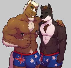 2017 5_fingers abs arm_hair beard biceps big_bulge big_muscles black_body black_fur black_nipples black_nose body_hair brown_body brown_fur brown_hair bulge canid canine canis chest_hair clothed clothing duo equid equine eyebrows facial_hair fingers fur hair hi_res horse knuxlight looking_at_viewer male male/male male_only mammal multicolored_body multicolored_fur muscular muscular_male nex_anima_canis nipple_piercing nipple_ring nipples pecs piercing simple_background standing swimwear thick_eyebrows topless triceps two_tone_body two_tone_fur white_body white_fur white_hair wolf zeeme