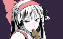 1girls black_hair blue_eyes bow dark-skinned_male green_eyes kouchi_ayako licking_penis long_hair nakoruru naughty_face osa_k purple_background samurai_shodown smile straight