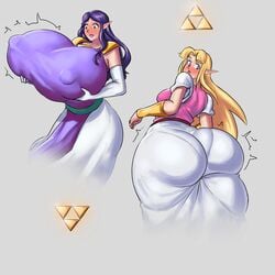 2girls a_link_between_worlds alternate_ass_size alternate_version_available ass ass_bigger_than_breasts ass_expansion ass_in_dress ass_size_difference ass_vs_breasts blonde_hair blush bottom_heavy breast_expansion breast_size_difference breasts breasts_bigger_than_ass breasts_bigger_than_head bubble_butt butt_expansion clothed clothed_female colored elbow_gloves female_only gigantic_ass huge_ass hylian hyper hyper_breasts lapotato8 large_breasts looking_at_ass looking_at_breasts looking_back lorulean_triforce lorulian multiple_girls nintendo princess_hilda princess_zelda purple_hair super_smash_bros. the_legend_of_zelda top_heavy triforce vambraces zelda_(a_link_between_worlds)