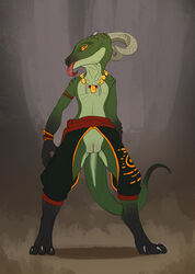 anthro bottomwear clothed clothing crotchless_bottomwear crotchless_clothing crotchless_pants female flamespitter flat_chested genitals green_body green_scales horn jewelry kobold necklace orange_eyes pants pussy scales scalie simple_background solo tongue tongue_out topless