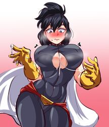 1girls abs after_sex beauty_mark big_breasts black_eyes black_hair blush bodysuit boots cape cleavage clothed cum cum_between_breasts cum_on_breasts cum_on_gloves ejaculation_between_breasts female female_only gloves implied_paizuri large_breasts muscular_female my_hero_academia nana_shimura nonosamu ponytail skin_tight solo thick_thighs