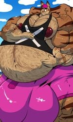 3:5 anthro balls barazoku belly big_balls big_belly big_bulge big_penis bobert bodily_fluids bulge cloud day eyewear fur genitals hi_res huge_balls huge_bulge huge_cock hyper hyper_balls hyper_bulge hyper_genitalia hyper_penis male male_only mammal multicolored_body multicolored_fur musclegut muscular navel nipples penis rob_(rgmbleh) rodent sciurid short_pants sky sunglasses sweat sweatdrop sweatshirt