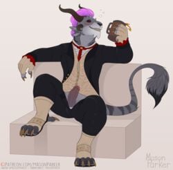 2020 5_fingers 5_toes alcohol anthro beverage biped black_clothing black_legwear black_sclera black_topwear blush brown_horn charr claws clothed clothing cup drunk erection felid fingers front_view fur genitals grey_body grey_fur grin guild_wars hair handwear horn humanoid_penis legwear looking_at_viewer male male_only mammal masonparker multi_ear penis pink_hair red_eyes retracted_foreskin signature simple_background sitting smile solo stripes substance_intoxication tail_tuft teeth text toes topwear tuft uncut url video_games watermark