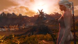 3d ass cd_projekt_red ciri dat_ass forest green_eyes long_hair mod nude_female outdoor scars sword the_witcher_(series) the_witcher_3:_wild_hunt white_hair xpsfm