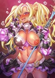 ass_visible_through_thighs blonde_hair breastplate breasts dark_skin fellatio_gesture female gauntlets granblue_fantasy gyaru hand_gesture heavy_breathing invitation kuro_gyaru mimonel navel one_breast_out panties polearm purple_eyes pussy pussy_juice skirt spear tongue tongue_out twintails underwear weapon wet wet_clothes wet_panties zeta_(granblue_fantasy)