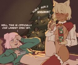 2girls blush bottomless breasts camera chips_(food) christmas christmas_tree closed_eyes closed_mouth commentary eating english_text female female/female female_only food gift green_hoodie hood hoodie klimspree lesbian_couple lesbian_sex medium_breasts multiple_girls navel nude nude_female open_mouth original pink_hair pringles pringles_can pussy_to_pussy red_shrug red_thighhighs scissoring shrug_(clothing) spread_legs suika_(klimspree) symbol-only_commentary thighhighs tribadism yuri yuzu_(klimspree)
