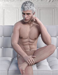 1boy 3d 3d_(artwork) abs beard_stubble devil_may_cry devil_may_cry_5 facial_hair grey_eyes grey_hair human lean_muscle male male_nipples male_only masculine muscular_male nero_(devil_may_cry) nude_male pecs smooth_skinned_male softcore solo sthenhx