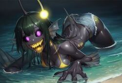 paigen ai_generated original original_character jenny_(paigen) monster_girl horror horror_(theme) 1girls female breasts medium_breasts fishman fish_girl black_sclera purple_eyes glowing_eyes sharp_teeth webbed_hands claws sharp_nails black_skin long_hair green_hair fins gills anthro anglerfish anglerfish_humanoid grey_skin two-tone_skin clothes clothed clothing ocean water sand beach swimsuit bikini shorts denim_shorts daisy_dukes