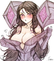 2019 armor blush bodysuit breasts cleavage cute eress eresss2 heart_eyes kai'sa league_of_legends loose_hair riot_games undressing void