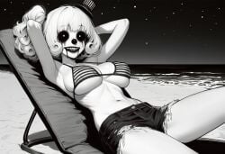 paigen ai_generated original original_character clowie_(paigen) monster_girl horror horror_(theme) 1girls female breasts large_breasts monochrome black_and_white white_eyes hat white_hair clown_nose clown clown_girl mime mime_girl ringmaster medium_hair side_ponytail sharp_teeth running_makeup curly_hair curled_hair skinny dot_eyes freckles looking_at_viewer clothes clothing clothed bikini swimsuit beach water ocean sand shorts denim_shorts daisy_dukes beach_chair
