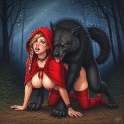 ai_generated all_fours big_bad_wolf big_breasts blonde_hair blush canid canine canine_on_human canis doggy_style female feral feral_on_female forest forest_background grimms'_fairy_tales human_female male moaning monster monster_on_female night night_sky penis_in_pussy rape raped_by_monster raped_female red_coat red_eyes red_hood red_riding_hood red_stockings sex tongue tongue_out wolf zoophilia