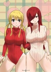 big_breasts blonde_hair brown_eyes erza_scarlet fairy_tail gaston18 lucy_heartfilia pullover red_hair smile twintails