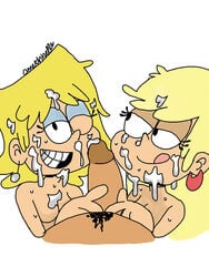 1boy 2girls bimbo blonde_hair bobby_santiago cum cum_on_face facial half-closed_eyes leni_loud lori_loud penis sisters straight_hair teenager the_loud_house