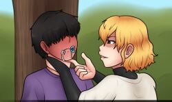 1boy 1futa 2d 5_fingers against_tree black_hair blonde_hair choking condom_in_mouth cum dominant_futa futadom futadomworld futanari game_cg hair_covering_eyes hand_around_neck male malesub mallory_(futadomworld) short_hair submissive_male xxxx52
