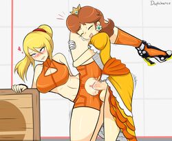 alternate_breast_size alternate_version big_breasts casual_outfit_(metroid) clothing crossover cum cum_in_pussy cum_inside dickgirl dress duplichance female futa_on_female futa_with_female futanari hairless_pussy heels holding_object huge_breasts large_breasts mario_(series) metroid nintendo princess_daisy samus_aran small_breasts super_smash_bros. zero_suit_samus