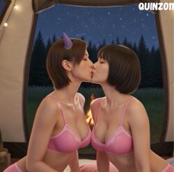 2girls 3d ai ai_art ai_generated alternate_version_at_source anna_miller_(metro) artist_logo artist_name bluesky_link breasts campfire camping_tent closed_eyes crossover deep_silver female_focus females females_only gengar_horns kissing like_a_dragon_(series) makimura_makoto medium_breasts metro_(series) metro_exodus night night_sky pink_bra pink_underwear quinzo11 ryuu_ga_gotoku ryuu_ga_gotoku_(series) sega self_upload short_hair stars tent underwear yakuza_(series) yuri