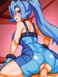 1boy 1girl ass back blue_bodysuit blue_eyes blue_gloves blue_hair blush bodysuit breasts censored clair_(pokemon) commentary_request girl_on_top gloves large_breasts long_hair looking_back mimizunooka mosaic_censoring open_mouth pokemon pokemon_heartgold_and_soulsilver ponytail reverse_cowgirl_position sex smile spread_legs straddling sweat thighs torn_clothes vaginal