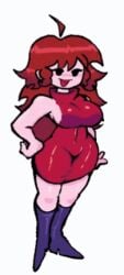 animated auburn_hair black_eyes bouncing_breasts breasts dress friday_night_funkin gif girlfriend_(friday_night_funkin) hand_on_hip high_heel_boots long_hair loop looping_animation navel safe sideboob slim_waist smile tagme thick_thighs tight_clothing voluptuous wide_hips zom_bur zomburnsfw