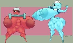 2025 2girls anthro big_breasts blue_body blue_fur blue_shirt blue_skin breasts dandy's_world dialogue duo duo_female female female_focus female_only gigi_(dandy's_world) happy huge_breasts hyper-thin_waist hyper_breasts naked naked_female no_panties no_pants object_head red_body red_fur red_skin roblox shirt shrumblegumble tisha_(dandy's_world) top_heavy twitter_username vagina