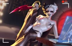 black_penis camera_view computer female grey_skin grin league_of_legends looking_at_viewer pale pasties red_eyes sitting small_breasts svmson thighhighs two-tone_hair weapon