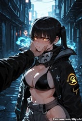 1girl ai_assisted ai_generated anger_vein angry bangs belt bikini bikini_top black_bikini black_coat black_hair blush breasts cleavage closed_mouth coat collar covering_mouth cowboy_shot curvaceous curvy curvy_female curvy_figure en'en_no_shouboutai enen_no_shouboutai eyebrows_visible_through_hair female fire_force hip_vent kotatsu large_breasts long_hair long_sleeves looking_at_viewer miyuai navel open_clothes open_coat orange_eyes stomach swimsuit tamaki tamaki_kotatsu thick thick_ass thick_butt thick_hips thick_legs thick_thighs twintails voluptuous voluptuous_female wide_hips wide_thighs yellow_eyes