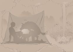 1girls 3boys absurdres animal ass breasts bush cafin canine canine_on_human english_commentary fellatio female female_on_feral feral feral_on_female feral_on_human fire fireplace greyscale heart highres human_female human_on_feral large_breasts league_of_legends monochrome multiple_boys oral outdoors sex sex_from_behind silhouette silhouette_sex straight taliyah tent threesome tree wolf zoophilia