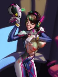 blizzard_entertainment breasts breasts_out clenched_teeth d.va erect_nipples grin large_breasts overwatch pistol standing svmson torn_bodysuit