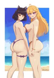2girls bikini bikini_bottom bikini_top black_hair black_hair_female blake_belladonna blonde_female blonde_hair canon_couple cat_ears daymandraws half-dressed half_naked half_naked_female long_hair long_hair_female purple_eyes rwby yang_xiao_long yellow_eyes