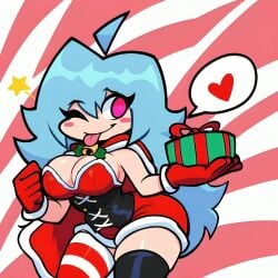 1girls 5_fingers ai_generated big_breasts blue_hair blush_stickers cape chat_bubble christmas christmas_lingerie christmas_outfit curvy eyelashes female friday_night_funkin friday_night_funkin_mod gift gift_box gloves heart lingerie long_hair multicolored_background original_sky_(friday_night_funkin) pink_eyes pixai sky_(friday_night_funkin) solo sticking_out_tongue thighhighs wink