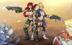 2d 2d_(artwork) 2d_artwork 2girls arrowhead_game_studios blizzard_entertainment blonde_hair blood_elf boobs_out boots breasts breasts_out camo_print camouflage cascocoo cia_nightfire crossover damaged_armor damaged_clothes destroyed_clothing elf elf_ears elf_female elf_girl female female_focus female_only firearm gold_eyes gun guns hairband helldivers helldivers_2 illuminate_(helldivers) nipple_piercing nipples no_bra no_sex panties pantyshot pinup pistol red_hair ripped_clothing ripped_pants sarisia_sunfeast tattered_clothing terminid tits_out torn_clothes torn_clothing torn_pants torn_shirt warcraft world_of_warcraft
