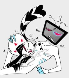 2boys antennae_(anatomy) anthro couple cum hand_on_hair hazbin_hotel looking_at_partner looking_at_viewer looking_down moaning_name moth no_color power_bottom pre_blowjob shark_gills smug_face valentino_(hazbin_hotel) vox_(hazbin_hotel) wants_that_cookie yaoi