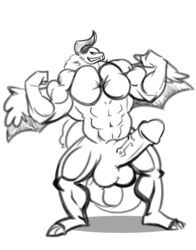 anthro balls big_balls big_muscles big_penis dragon erection flexing genitals gmxmuscle grin hi_res horn huge_balls huge_cock huge_muscles humanoid_penis hyper hyper_genitalia hyper_muscles hyper_penis long_penis male male_only monochrome muscular nude pecs penis simple_background smile standing syrlis vein white_background wings