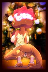 2025 absurd_res anthro anus ass auga barely_visible_anus big_breasts black_clothing black_panties black_underwear bottomwear breasts brown_body brown_fur christmas christmas_clothing christmas_headwear clothed clothing clothing_lift disney dress ear_piercing ear_ring exposed_breasts feet female female/female folded_clothing fur genitals glistening glistening_body gold_dress hat headgear headwear hi_res holidays humanoid_genitalia jewelry kneeling lontra looking_at_viewer mammal messy_clothing motion_lines mrs._otterton mustelid north_american_river_otter off_shoulder otter panties piercing raised_clothing raised_dress rear_view ring_piercing river_otter seductive simple_background skirt skirt_lift solo sparkles tail twerking underwear whiskers zootopia