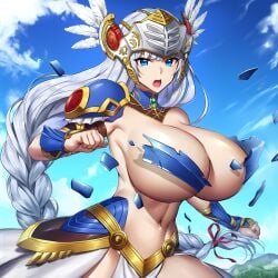 1girls ai_generated belly_button big_breasts blue_eyes braid broken_armor brutoaimage female grey_hair helmet huge_breasts lenneth_valkyrie light-skinned_female light_skin long_hair silver_hair solo square_enix valkyrie valkyrie_profile