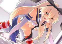 1boy admiral_(kantai_collection) animal_ears bangs blonde_hair blush breasts bunny_ears buttons clothed_sex doggy_style elbow_gloves female gloves green_eyes headband heavy_breathing kantai_collection long_hair medium_breasts miniskirt momochieri navel neckerchief nipples on_bed pleated_skirt sex shimakaze_(kantai_collection) shirt sidelocks skirt skirt_around_one_leg solo_focus straight striped striped_legwear sweat sweatdrop tearing_up thighhighs torn_clothes torn_shirt very_long_hair white_gloves