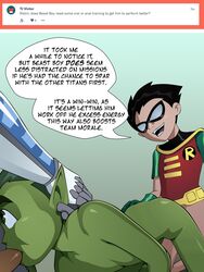 2017 3boys all_fours anal anal_penetration anal_sex beast_boy beast_boy_(teen_titans) black_hair boner bottomless cmnm cyborg_(dc) dark-skinned_male dark_penis dark_skin dc dc_comics dick_grayson doggy_style domino_mask english_text erection fellatio gay gloves green_eyes green_hair green_skin holding_head interracial male male/male male_only mask nearphotison nude open_mouth oral oral_sex penis pointed_ears robin_(dc) robin_(dick_grayson) spitroast teen_titans text unknown_character yaoi