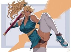 1girls alternate_color big_breasts black_panties black_underwear blonde blonde-haired_female blonde_female blonde_hair breasts brown_eyes commentary_request dark-skinned_female dark_skin female final_fight final_fight_2 holding_weapon japanese_clothes kimono large_breasts long_hair maki_genryusai muscular muscular_female ninja ogami panties pantyshot pantyshot_(standing) ponytail street_fighter_alpha thick_thighs thighhighs thighs tonfa underwear upskirt variant_set white_thighhighs