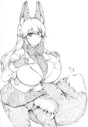 1futa animal_humanoid balls_outline big_breasts big_tail black_and_white bottomwear bow_tie breasts bulge canid canid_humanoid canine canine_humanoid clothed clothing curvy_figure dipstick_tail dress_shirt erection erection_under_clothing fox_humanoid fully_clothed futa_only futanari genital_outline glistening graphite_(artwork) gynomorph hair hi_res hourglass_figure huge_breasts humanoid inner_ear_fluff intersex kemono_friends legwear long_hair looking_at_viewer mammal mammal_humanoid miniskirt monochrome multicolored_tail necktie pencil_(artwork) penis_outline shirt silver_fox_(kemono_friends) skirt solo standing stockings tenting tight_clothing toka_(mauru) traditional_media_(artwork) tuft