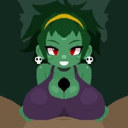 1boy 1girls animated animated_gif big_breasts bouncing_breasts clothed_female_nude_male earrings female green_hair green_skin grin hetyoina large_breasts looking_at_viewer loop looping_animation male male_pov paizuri paizuri_under_clothes pixel_animation pixel_art pov red_eyes rottytops shantae short_hair skull_earrings wayforward