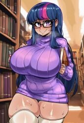 1girls 2d ai_generated beautiful big_breasts books female female_focus female_only friendship_is_magic glasses hi_res hibiki120 huge_breasts human humanization humanized large_breasts library light-skinned_female long_hair multicolored_hair my_little_pony my_little_pony_friendship_is_magic nerd nerdy_female purple_eyes purple_hair purple_sweater shy smile solo standing thicc thick_thighs thighhighs twilight_sparkle_(mlp) white_thighhighs wide_hips