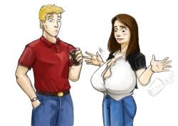 1boy 1girls 2011 :| blond_male blonde_hair blush breast_expansion breast_growth breast_growth_(enlargement) breasts breasts_bigger_than_head brown-haired_female brown_hair bursting_clothes button_down_shirt button_pop casual casual_clothes casual_exposure embarrassed embarrassed_female female first-second fully_clothed huge_breasts inconvenient_breasts jeans long_hair male/female original red_shirt shocked_expression simple_background speechless surprised wardrobe_malfunction white_background