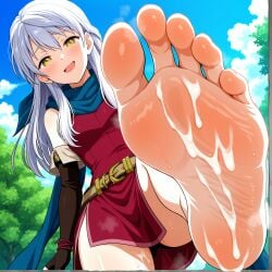 ai_generated bare_legs barefoot blue_scarf cum cum_on_feet feet femdom foot_fetish foot_focus footdom footdomfantasy footjob from_below implied_footjob looking_at_viewer looking_down looking_down_at_viewer red_dress silver_hair smell smelly smelly_feet smelly_foot smile smug smug_face soles steam steaming_feet sweat sweatdrop sweating sweaty_feet sweaty_foot toes yellow_eyes
