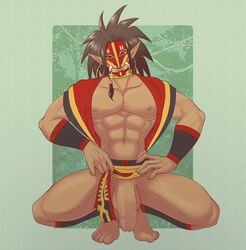 1boy abs alternate_version_available balls barefoot big_penis dark_hair flaccid foreskin loincloth loincloth_aside loincloth_lift male_only mask masked masked_male muscular_male pecs penis pointy_ears precum precum_drip presenting_penis red_loincloth robo_whiskers samurai_shodown smile snk solo solo_male spiky_hair spread_legs squatting tall_male tam_tam thick_penis tribal